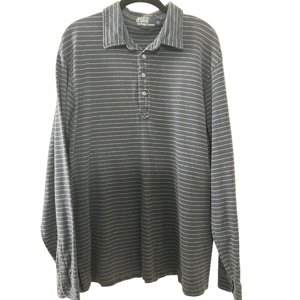 Polo Ralph Lauren Mens XL Long Sleeve Striped Polo Shirt Navy Blue Grey Cotton